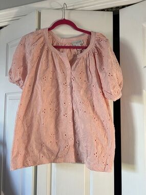 Calypso St. Barth Pink Eyelet Puff-Sleeve Button Front Blouse